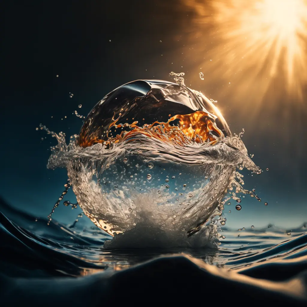 ball of water suspended in the air, ripples and splash on surface, with sparkling, crisp radiant reflections, sunlight gleaming, Canon 35mm lens, hyperrealistic photography, style of unsplash